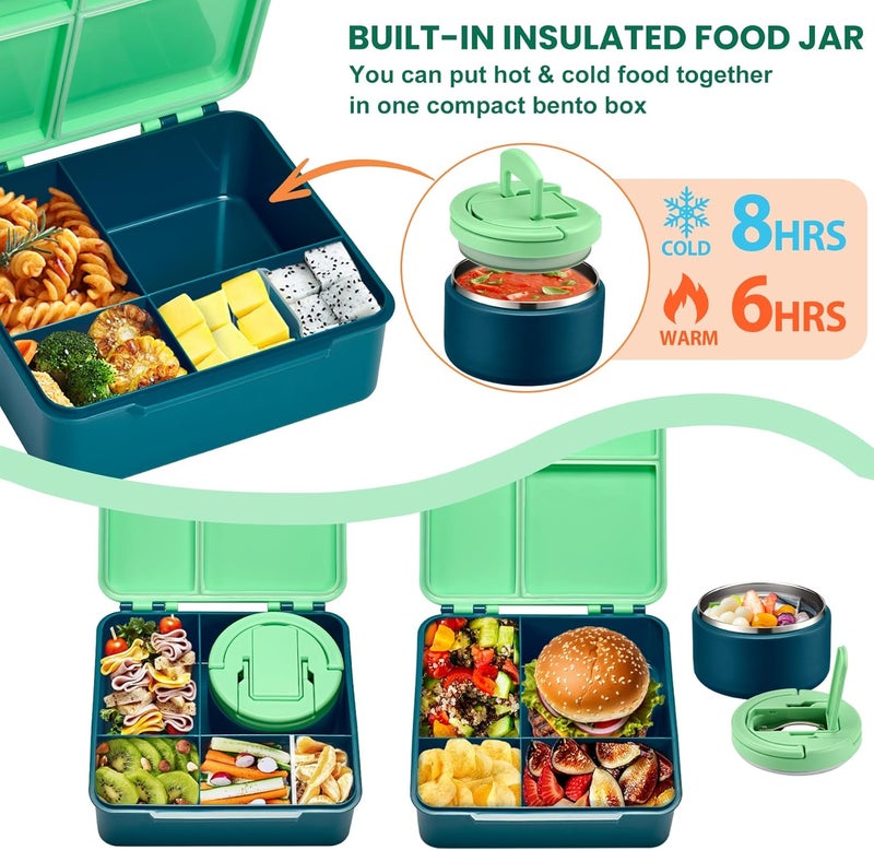BABHAMNESS Bento Lunch Box with 8oz Soup Thermo,Kids Leakproof 4 Compartment Lunch Food Containers with Sauce Cup and Ice Pack,Kids Thermo Insulated Hot Food Jar and Lunch Bag for School,Trvael-Green - Image 2